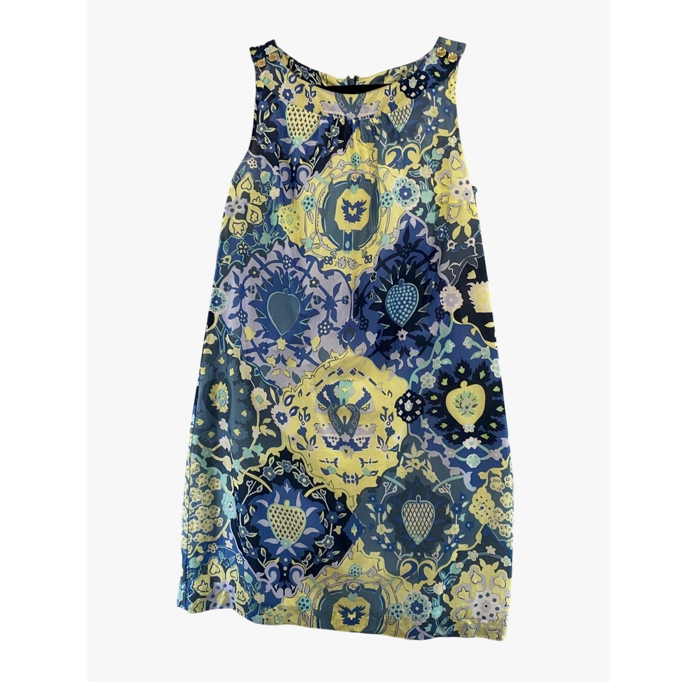Talbots Shift Dress Womens 10 Blue Yellow Medallion Floral Cotton Sleeveless